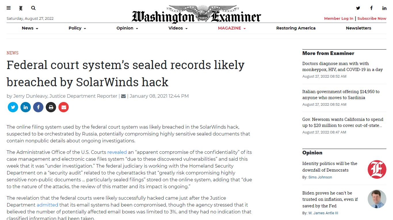 Federal court system’s sealed records likely breached by SolarWinds ...